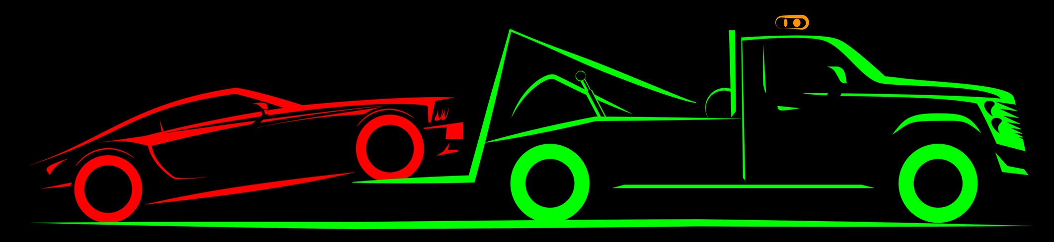 Y'all gotta see this! Picture a slick red sports car hitchin' a ride on the back of a mean, green tow truck. This ain't no ordinary scene – it’s lit up in neon glory, every line glowing bright like downtown Dallas at night. With that yellow light flashin' on top of the tow truck, it's all set against a jet-black backdrop. It’s an electrifying sight that'll make you think twice about where you park!